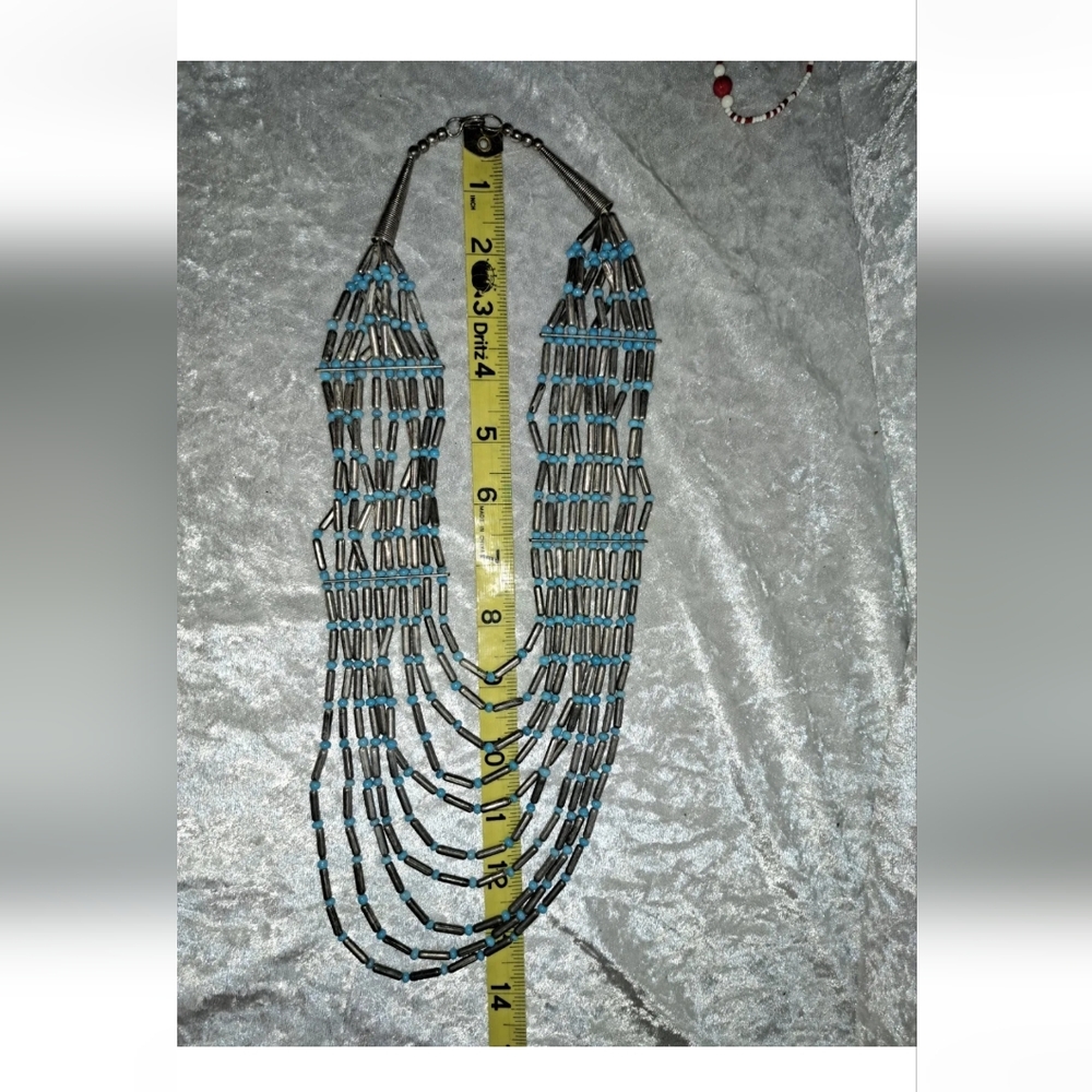 Vintage 80s multi strands silver tone and turquoise blue seed beads heavy